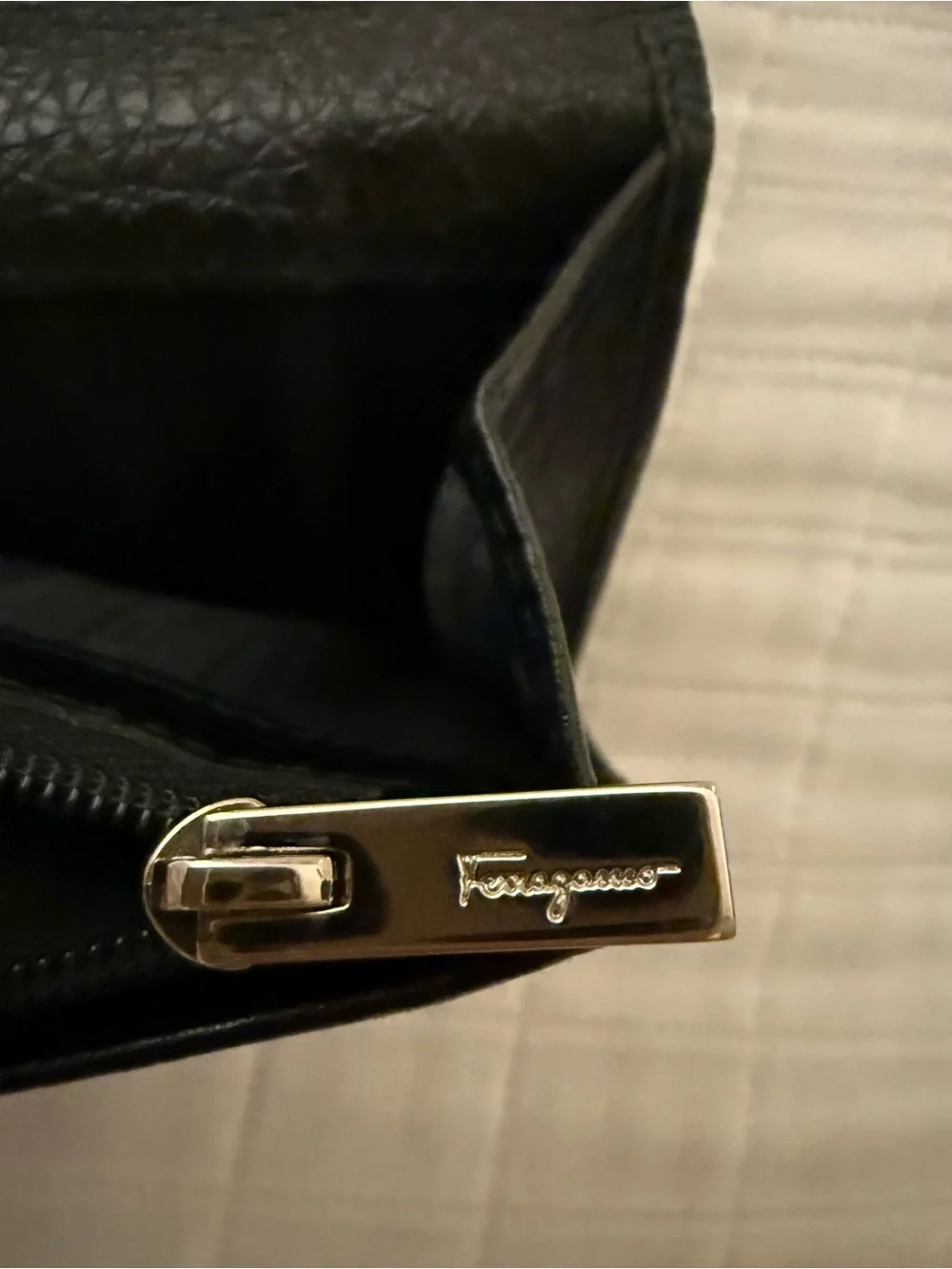 Ferragamo Black Leather Wallet with silver Ring Hardware